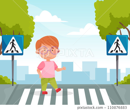 Little Boy Character Learn Traffic Rule Crossing Road Vector Illustration 110876883