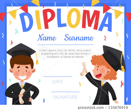 Happy Boy and Girl in Graduation Gown and Cap at Certificate Design Vector Template Happy Boy and Girl in Graduation Gown and Cap at Certificate Design Vector Template 110876919
