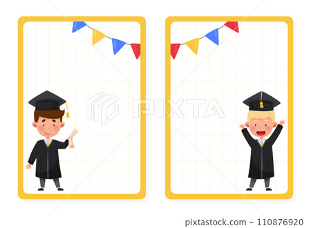Happy Boy in Graduation Gown and Cap Near Empty Banner Vector Template 110876920