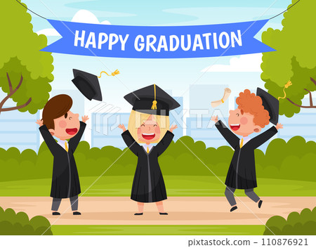 Happy Boy and Girl in Graduation Gown and Cap at Ceremony Vector Illustration 110876921