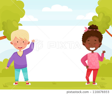 Happy Boy and Girl Kid at Empty Banner Design Vector Template Happy Boy and Girl Kid at Empty Banner Design Vector Template 110876933