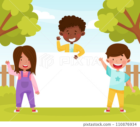 Happy Boy and Girl Kid at Empty Banner Design Vector Template Happy Boy and Girl Kid at Empty Banner Design Vector Template 110876934