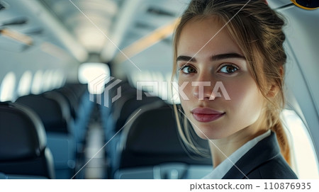 AI-generated content. Confident female flight attendant in uniform inside empty airplane cabin 110876935