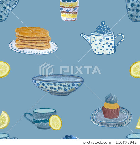 Watercolor tea time childish seamless pattern isolated on white Watercolor tea time childish seamless pattern isolated on white 110876942