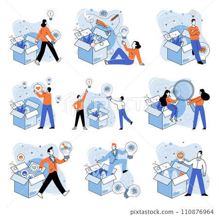Idea in a box vector illustration. Break chains conventional wisdom to liberate imprisoned idea Leadership is compass steering ship towards uncharted territories Intelligent minds shine brightest 110876964