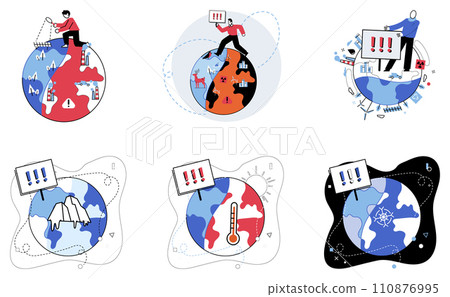 Climate warming vector illustration. Planet Earth, silent victim, bears scars unbridled pollution and specter global warming The ecological dance is interrupted by dissonant chords climate change Climate warming vector illustration. Planet Earth, silent victim, bears scars unbridled pollution and specter global warming The ecological dance is interrupted by dissonant chords climate change 110876995