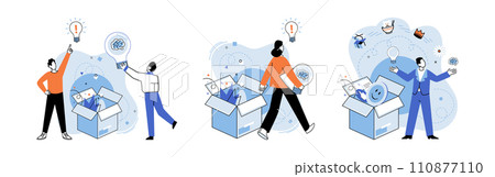 Idea in a box vector illustration. Intelligence is engine propels train creative exploration Leadership is beacon lighting path to discovery beyond box Smart strategies dismantle walls, revealing vast 110877110