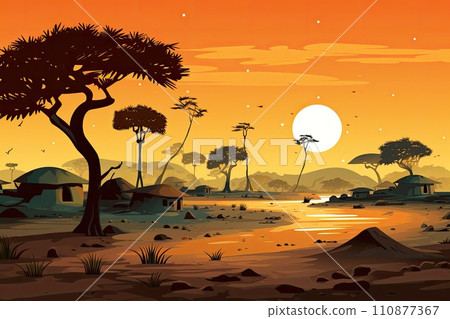 AI-generated content. village with mud houses landscape at sunset illustration 110877367