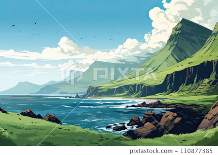 AI-generated content. beautiful green nature mountain landscape in summer by the ocean illustration 110877385
