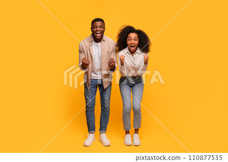 Ecstatic black couple celebrating victory on yellow background 110877535