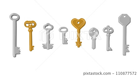 Set of Hand Drawn Vintage Keys. Gold and Silver Keys Isolated Vector Illustration. Wedding and Valentine Day Symbols Set of Hand Drawn Vintage Keys. Gold and Silver Keys Isolated Vector Illustration. Wedding and Valentine Day Symbols 110877572