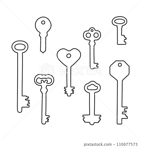 Set of Hand Drawn Outline Vintage and Modern Keys. Contour Isolated Vector Illustration Set of Hand Drawn Outline Vintage and Modern Keys. Contour Isolated Vector Illustration 110877573