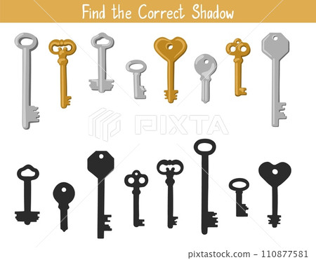 Shadow Matching Game for Children. Find the correct shadow educational task for kids. Find the right shadow for keys Shadow Matching Game for Children. Find the correct shadow educational task for kids. Find the right shadow for keys 110877581