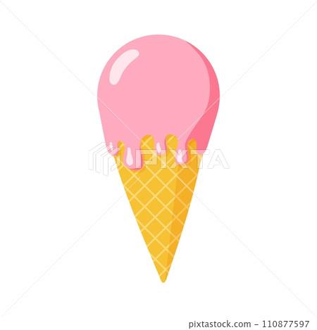 Melting strawberry ice cream in waffle cone. Flat style Isolated vector illustration for web design or print 110877597