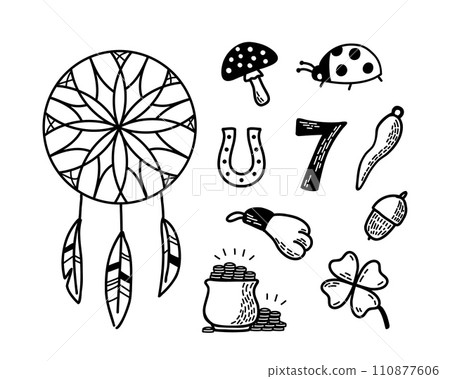 Good Luck Symbols Set. Doodle style European talismans and charms contour illustration. Symbols of success and prosperity Good Luck Symbols Set. Doodle style European talismans and charms contour illustration. Symbols of success and prosperity 110877606