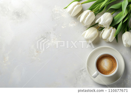 Cup of tea or coffee and tulips on concrete table top view with copy space 110877671