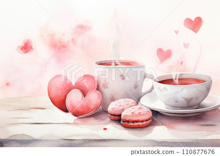 Two cups of tea or coffee watercolor art for Valentine's day card 110877676
