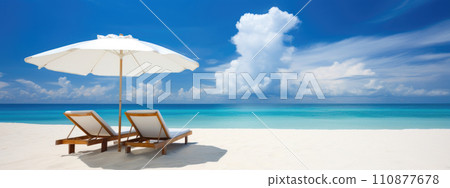 Sunbeds and umbrella on the beach, summer vacation background Sunbeds and umbrella on the beach, summer vacation background 110877678