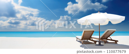 Sunbeds and umbrella on the beach, summer vacation background 110877679