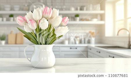 Bouquet of spring tulips in a vase on the kitchen table Bouquet of spring tulips in a vase on the kitchen table 110877681