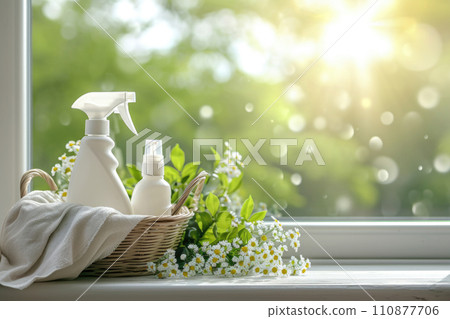 Spring cleaning background with white bottle mock up by the window in the kitchen Spring cleaning background with white bottle mock up by the window in the kitchen 110877706