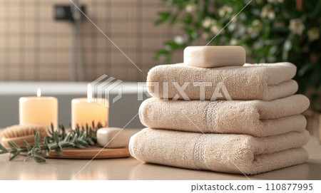 Stack of beige towels on the table with garden view Stack of beige towels on the table with garden view 110877995