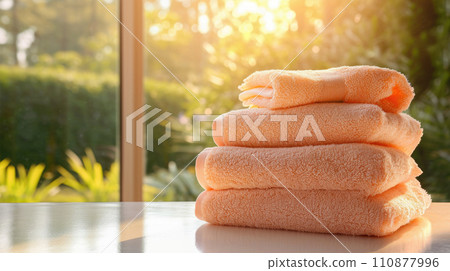 Stack of peach towels on the table with garden view Stack of peach towels on the table with garden view 110877996