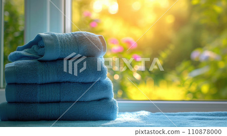 Stack of blue towels on the table with garden view Stack of blue towels on the table with garden view 110878000