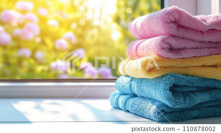 Stack of white towels on the table with garden view Stack of white towels on the table with garden view 110878002