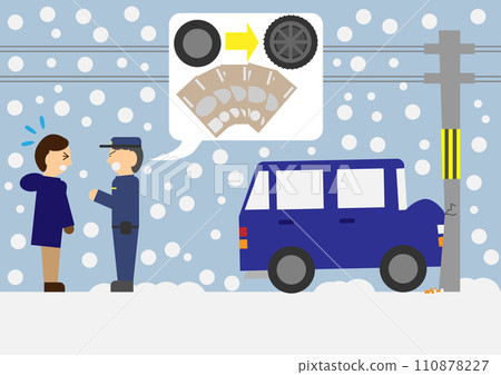Image material of a police officer pointing out normal tires in a snowy road accident 110878227