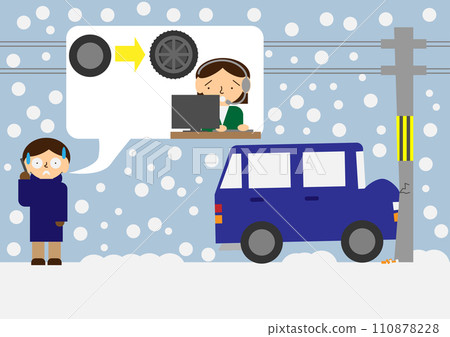 Image material of contacting an insurance company operator about a snowy road traffic accident and being asked about normal tires 110878228