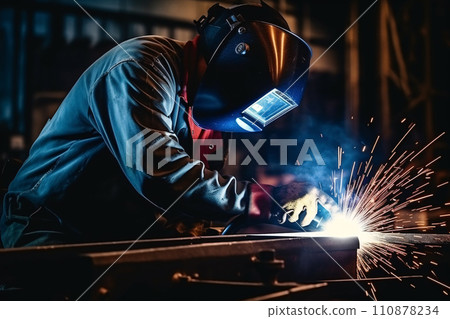 Welder welding metal with argon arc welding machine and has welding sparks. A man wears welding mask and protective gloves. Safety in industrial workplace. Welder working with safety. Generative AI. Welder welding metal with argon arc welding machine and has welding sparks. A man wears welding mask and protective gloves. Safety in industrial workplace. Welder working with safety. Generative AI. 110878234