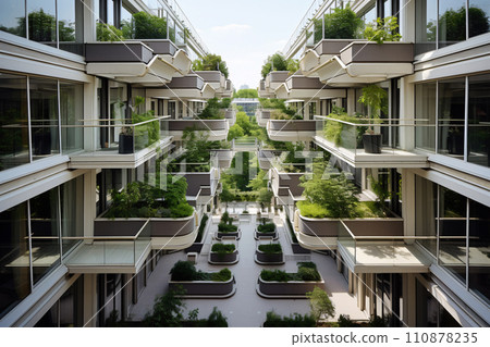 Sustainable green building. Eco-friendly building. Sustainable glass building with vertical garden reducing carbon dioxide. Green architecture. Green environment. Sustainable lifestyle. Generative AI. 110878235
