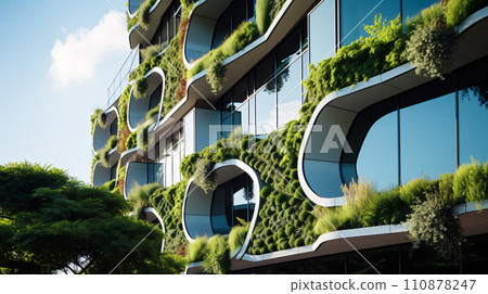 Eco-friendly building in the modern city. Sustainable glass office building with tree for reducing carbon dioxide. Office building with green environment. Corporate building reduce CO2. Generative AI Eco-friendly building in the modern city. Sustainable glass office building with tree for reducing carbon dioxide. Office building with green environment. Corporate building reduce CO2. Generative AI 110878247