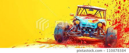 AI-generated content.  High-speed buggy splashing through vibrant paint on a dynamic yellow background. 110878384