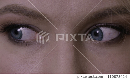 Woman with big blue eyes looks around. Close up of a woman with blue eyes. Macro of a woman's beautiful blue eyes. Extreme shallow depth of field with selective focus on center of eye. 110878424