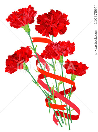 Bouquet of red carnations with festive ribbons on a white background. Vector flowers for greeting cards for Valentine's Day, Mother's Day. A gift for Parents' Day 2024 as a token of love and gratitude 110878644