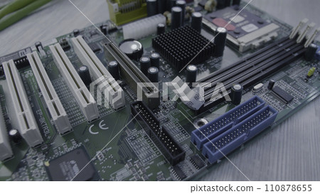 Motherboard close up. Electronic circuit board with processor, close up 110878655