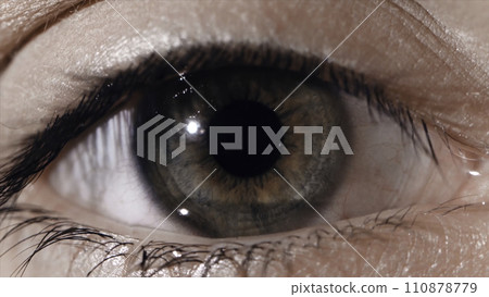 Eye pupil reaction to light. Humans eye macro shot with light-flash apple of eye reaction 110878779