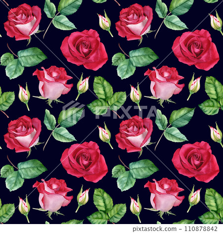 Watercolor seamless pattern with flower Rose blooms, buds and leaves. Botanical repeat pattern. For wrapping wallpaper fabric textile Watercolor seamless pattern with flower Rose blooms, buds and leaves. Botanical repeat pattern. For wrapping wallpaper fabric textile 110878842