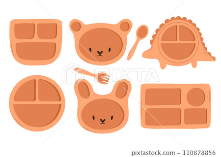 Set of wooden utensils for children vector. Set of children's dishes, children's dish in flat style. 110878856