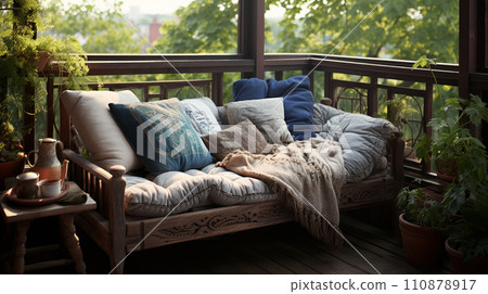 Cozy Balcony Setup with Plush Seating and Lush Greenery Cozy Balcony Setup with Plush Seating and Lush Greenery 110878917