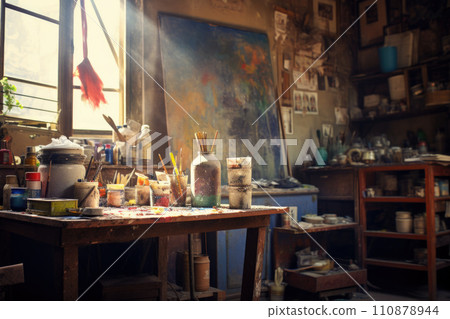Artistic equipment in a artist studio. Artist canvas on wooden easel and paint brushes 110878944