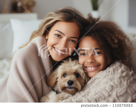 Portrait of woman with her daughter and dog. Joyful moments with pets. Portrait of woman with her daughter and dog. Joyful moments with pets. 110878983