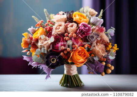 Fresh, lush bouquet of colorful flowers. large bouquet of multicolored flowers of different species Fresh, lush bouquet of colorful flowers. large bouquet of multicolored flowers of different species 110879082