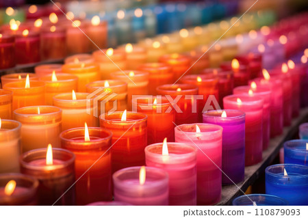 Close up of candles with colorful wax. Candle background Close up of candles with colorful wax. Candle background 110879093