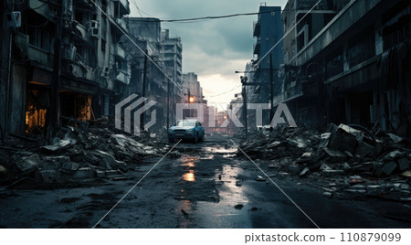 City buildings destructed by earthquake strike. Disaster scene full of debris, dust and crashed buildings 110879099