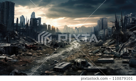 City buildings destructed by earthquake strike. Disaster scene full of debris, dust and crashed buildings 110879101