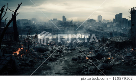 City buildings destructed by earthquake strike. Disaster scene full of debris, dust and crashed buildings 110879102