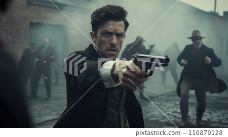 Gangster man in an elegant black suit with a gun in his hand. Retro style. The criminal world of the mafia. Detective movie Gangster man in an elegant black suit with a gun in his hand. Retro style. The criminal world of the mafia. Detective movie 110879128